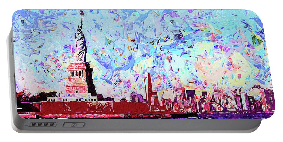 Statue Of Liberty Portable Battery Charger featuring the painting New York, Manhattan Panorama - 06 by AM FineArtPrints