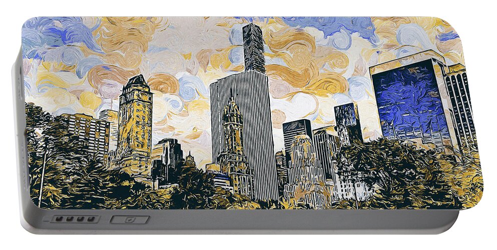 New York Panorama Portable Battery Charger featuring the painting New York, Manhattan Panorama - 12 by AM FineArtPrints