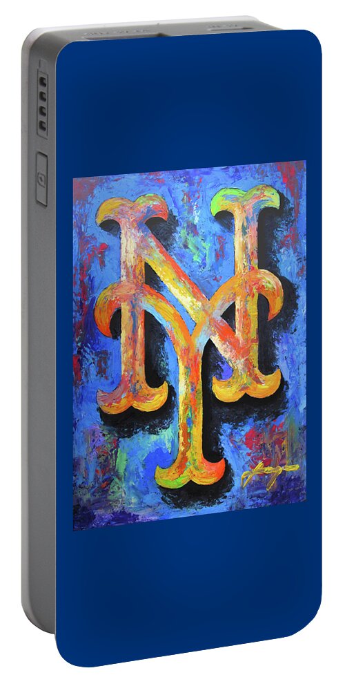 Baseball Portable Battery Charger featuring the painting New York METS Baseball by Dan Haraga