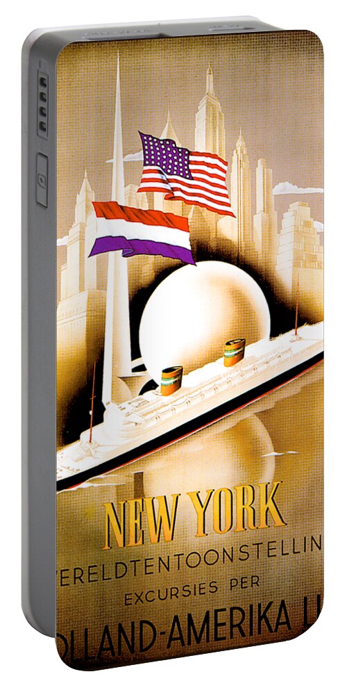 New York Portable Battery Charger featuring the painting New York Wereldtentoonstelling excursies per Holland Amerika Lijn Poster 1938 by Unknown