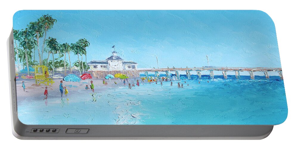 Newport Beach Ca Portable Battery Charger featuring the painting Newport Beach and Balboa Pier by Jan Matson