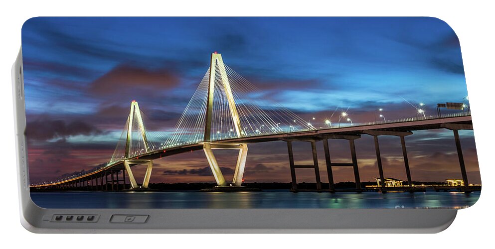 Charleston Portable Battery Charger featuring the photograph Night At Arthur Ravenel Bridge by Jennifer White