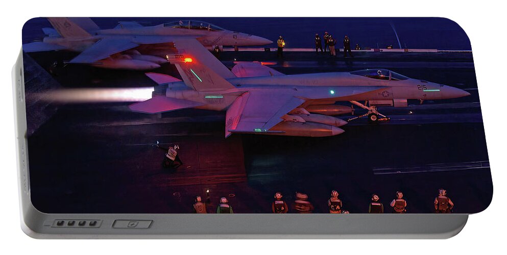Uss Portable Battery Charger featuring the photograph Night Launch - USS Kitty Hawk by Tim Beach