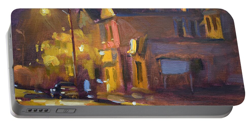 Landscape Portable Battery Charger featuring the painting Night Scene at Pine Ave by Ylli Haruni