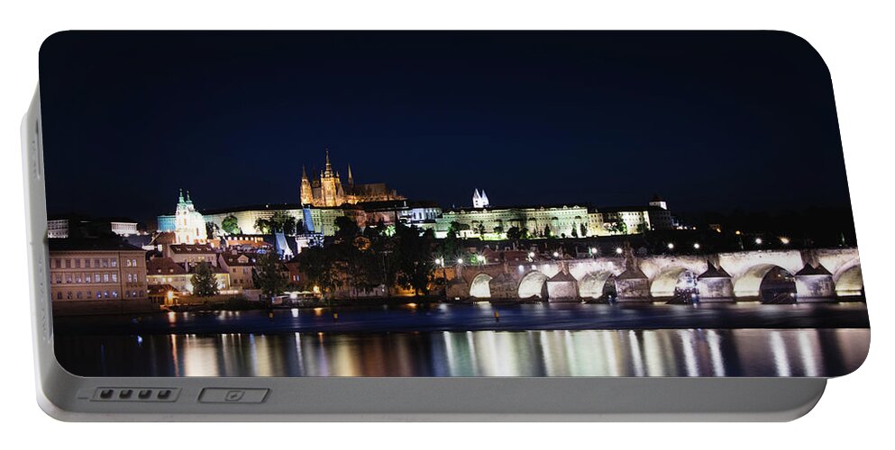 Lamps Portable Battery Charger featuring the photograph Night view of the old town of Prague with Prague Castle by Vaclav Sonnek