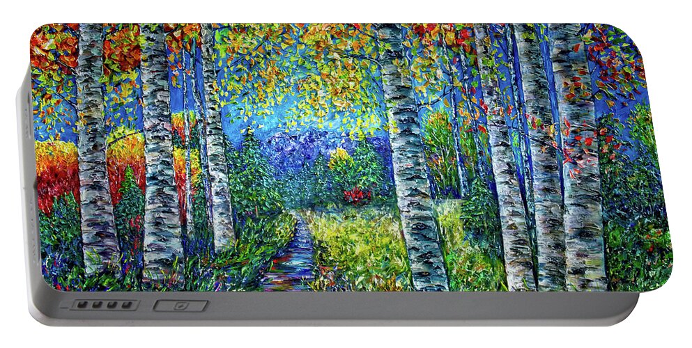 Nature Portable Battery Charger featuring the painting Nocturne Blue with Aspen Trees by OLena Art