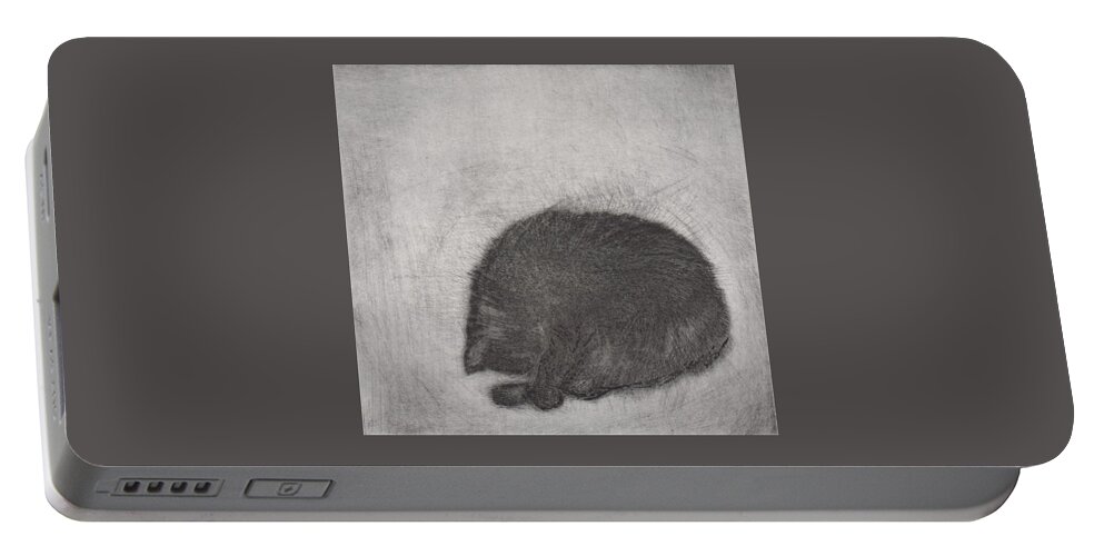 Cat Portable Battery Charger featuring the drawing Nonchaloir - etching by David Ladmore
