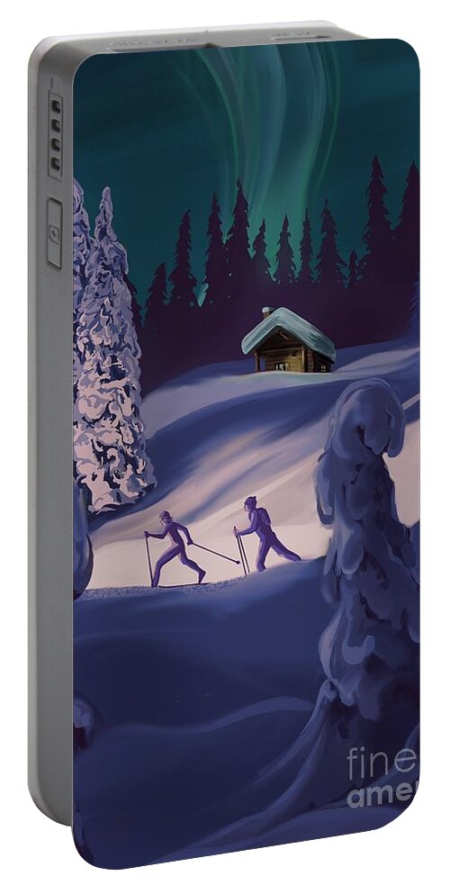 Northern Lights Portable Battery Charger featuring the painting Nordic northern lights night ski by Sassan Filsoof