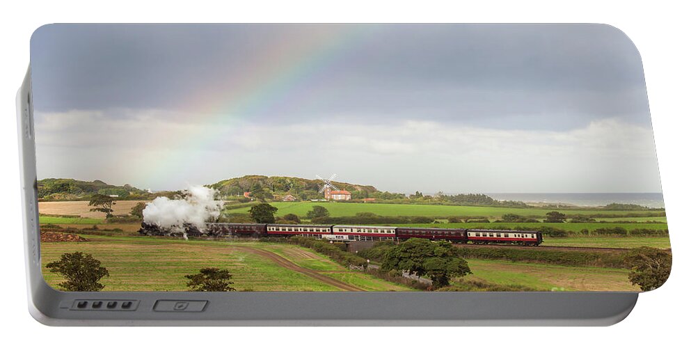 Weybourne Portable Battery Charger featuring the photograph Norfolk steam train with Weybourne windmill and rainbow by Simon Bratt