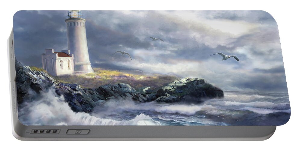 North Head Lighthouse Portable Battery Charger featuring the painting North Head lighthouse at the eve of a storm by Regina Femrite