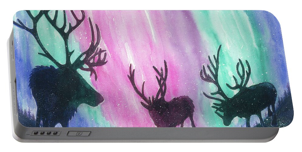 Reindeer Portable Battery Charger featuring the painting North Pole Nightlife by Lori Taylor