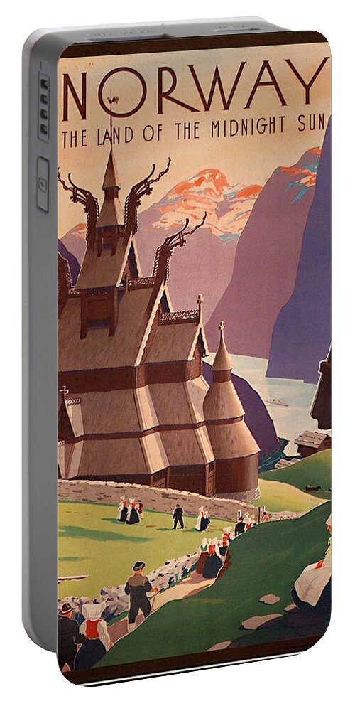 #faatoppicks Portable Battery Charger featuring the painting Norway, vintage travel poster by Long Shot