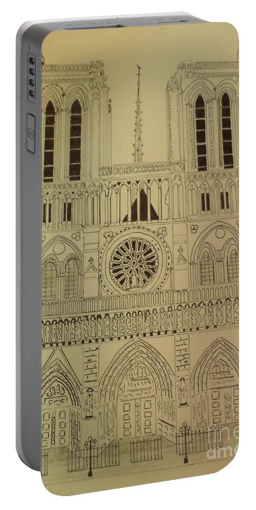 Donnsart1 Portable Battery Charger featuring the drawing Notre Dame Ink Drawing by Donald Northup