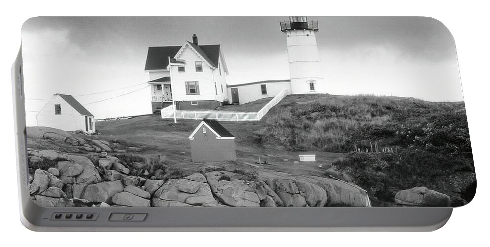 Maine Portable Battery Charger featuring the photograph Nubble Light, Maine in Monochrome by Jerry Griffin