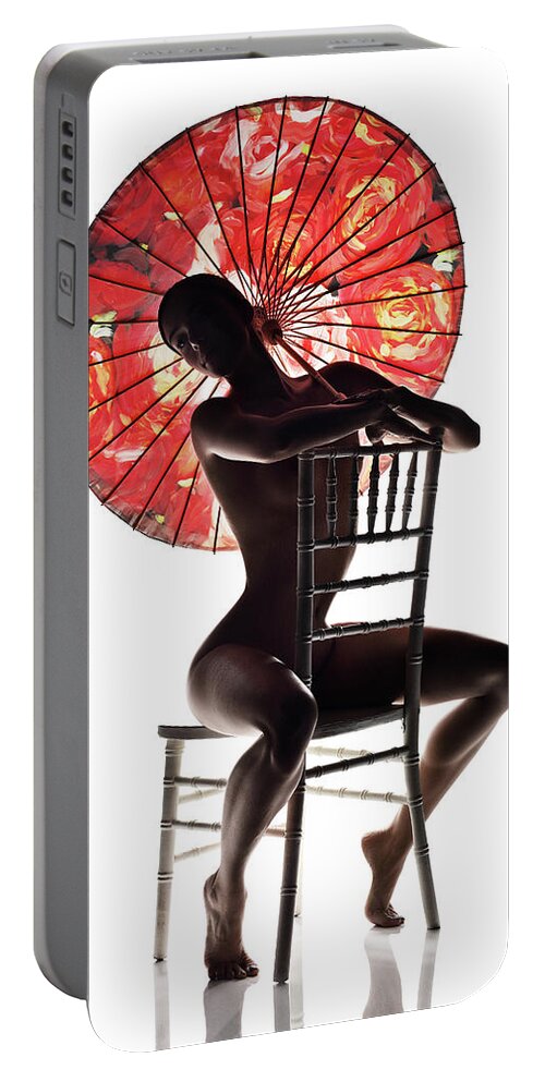 Woman Portable Battery Charger featuring the photograph Nude woman with red parasol 2 by Johan Swanepoel