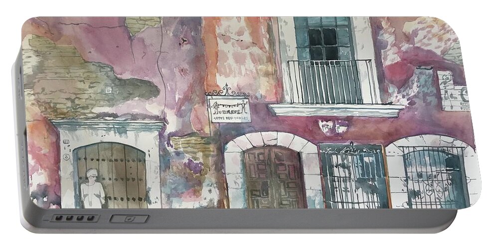 #oaxaca #street #streetscene #wall #doors #windows #watercolor #watercolorpainting #glenneff #picturerockstudio #thesoundpoetsmusic Portable Battery Charger featuring the painting Oaxaca Street by Glen Neff