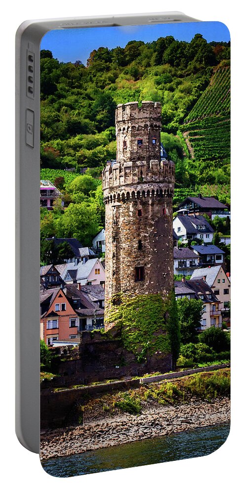 Oberwesel Portable Battery Charger featuring the digital art Oberwesel Town Wall Guard Tower, Watercolor on Sandstone by Ron Long Ltd Photography