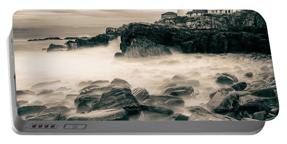 Sepia Portable Battery Charger featuring the photograph Ocean Waters Over The Rocks Below Portland Head Lighthouse - Sepia Edition by Gregory Ballos