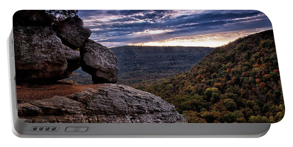 Buffaloriver Portable Battery Charger featuring the photograph ock Stack - Hawksbill Crag at Sunrise - Buffalo National River Area by William Rainey