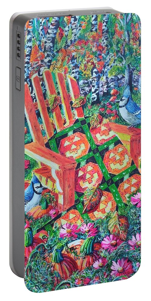 October Pumpkins Featuring A Happy Jack-o-lantern Pumpkin Quilt. Portable Battery Charger featuring the painting October Pumpkins by Diane Phalen