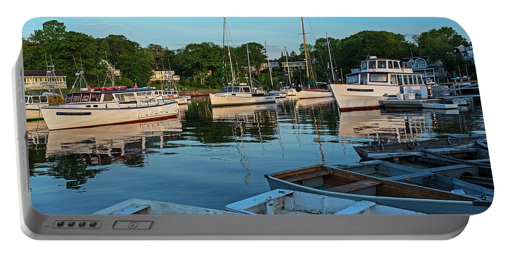 Ogunquit Portable Battery Charger featuring the photograph Ogunquit Maine Perkins Cove Harbor Marginal Way at Sunrise by Toby McGuire