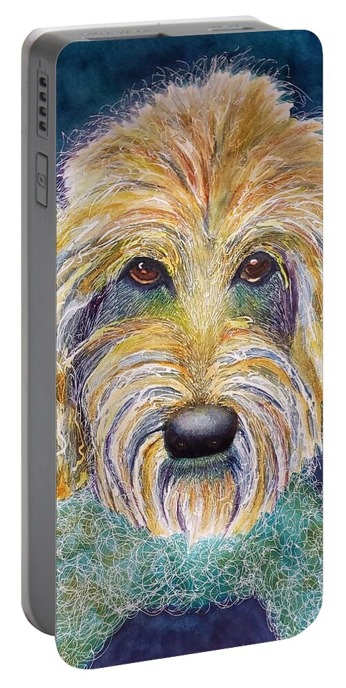 Golden Doodle Portable Battery Charger featuring the painting Oh Lucy by Kim Shuckhart Gunns