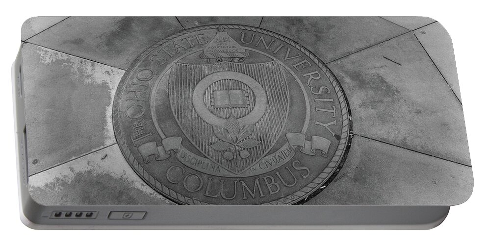 The Oval Portable Battery Charger featuring the photograph Ohio State University seal in black and white by Eldon McGraw