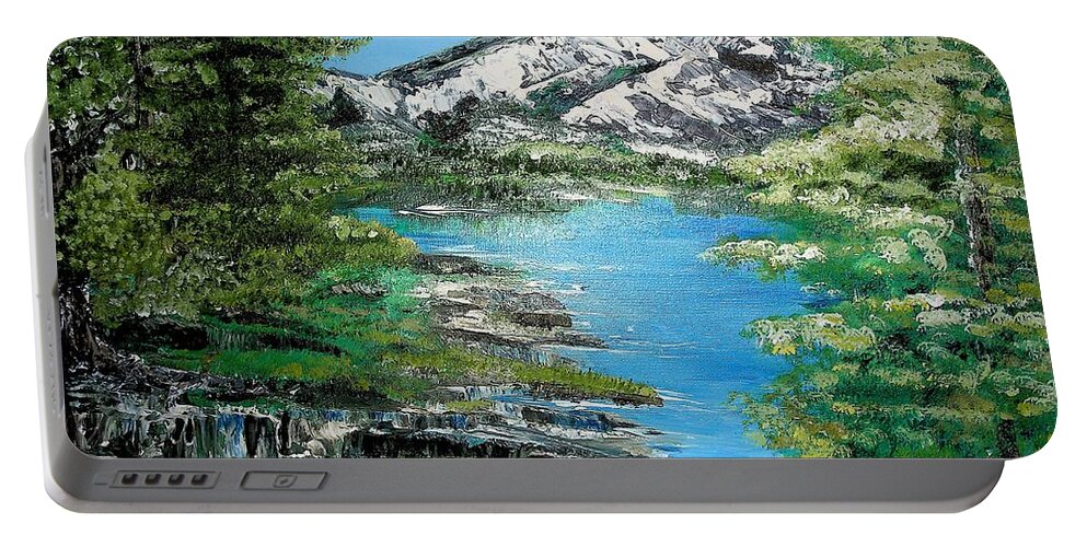 Landscape Portable Battery Charger featuring the painting Oil Landscape Mountains and Trees 2 by Valerie Shaffer