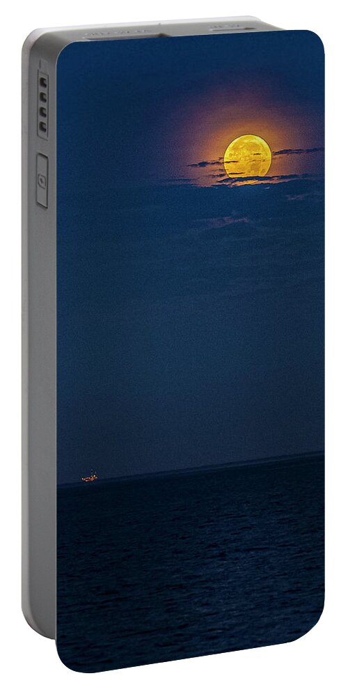 Photographs Portable Battery Charger featuring the photograph Oil Rig With Moon Off Ventura County California Coastline by John A Rodriguez