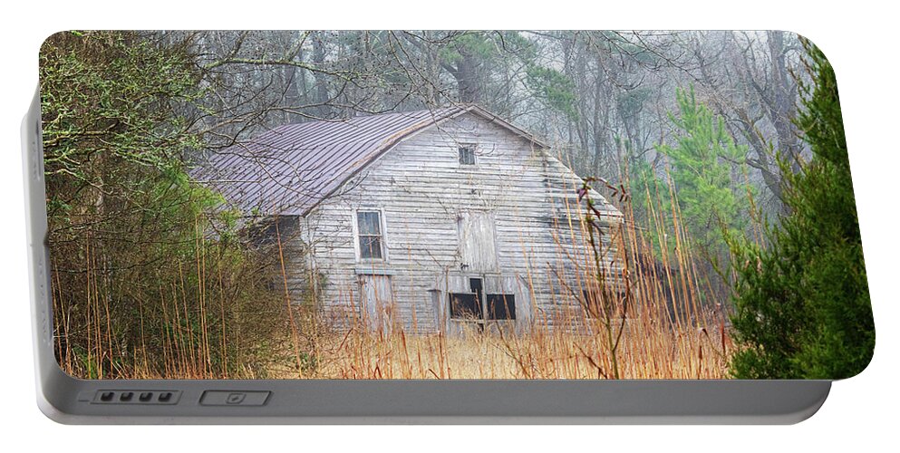 Barn Portable Battery Charger featuring the photograph Old Barn in Fog - Pamlico County North Carolina by Bob Decker