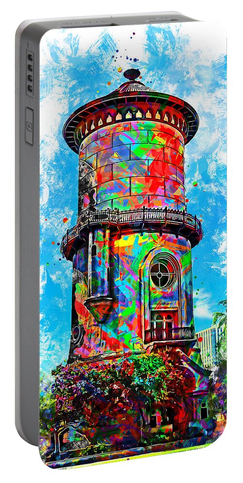 Old Water Tower Portable Battery Charger featuring the digital art Old Fresno Water Tower - colorful painting by Nicko Prints