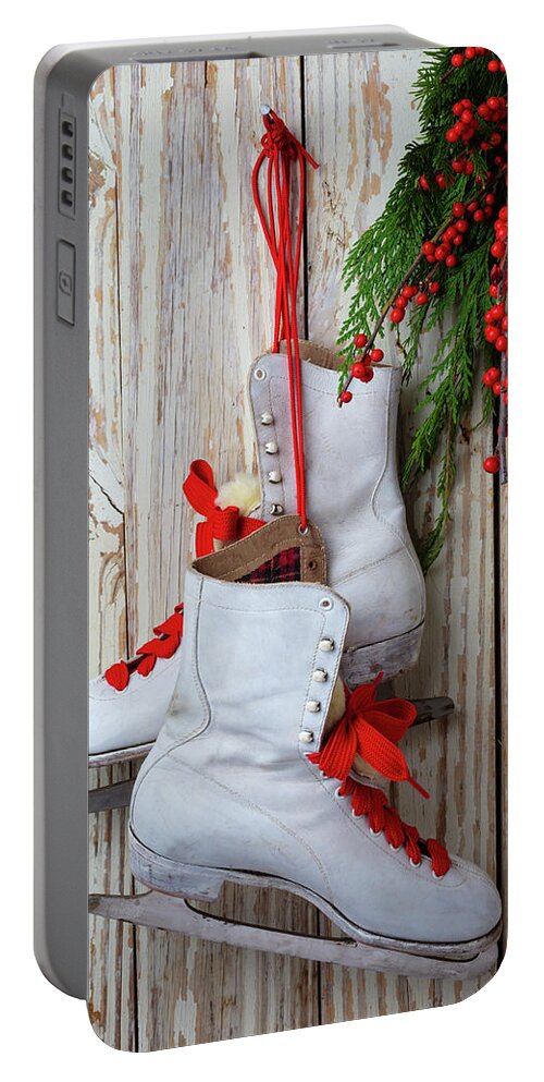 White Portable Battery Charger featuring the photograph Old Ice Skates And Evergreen by Garry Gay