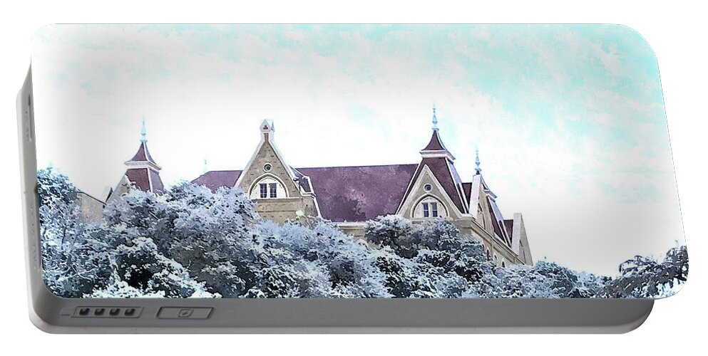 Texas State University Portable Battery Charger featuring the painting Old Main in the Snow by Gary Springer