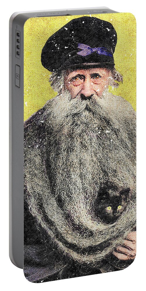 Cat Portable Battery Charger featuring the mixed media Old Man Holding Kitten In His Beard. by Pheasant Run Gallery