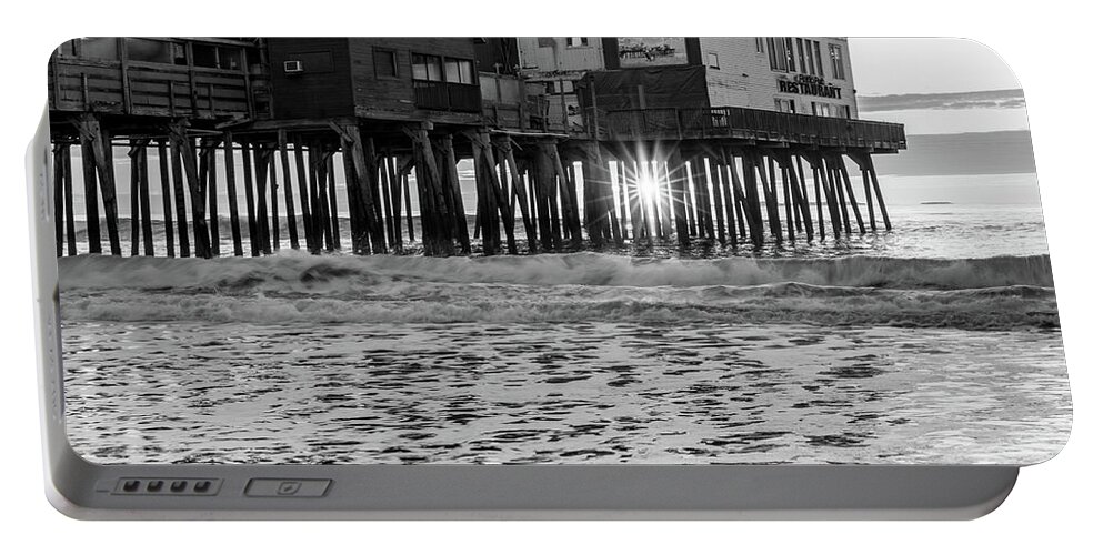 Old Orchard Pier Sunrise Black And White Portable Battery Charger featuring the photograph Old Orchard Pier Sunrise Black And White by Dan Sproul