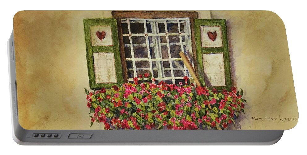 Rural Portable Battery Charger featuring the painting Old World Farm Window by Mary Ellen Mueller Legault