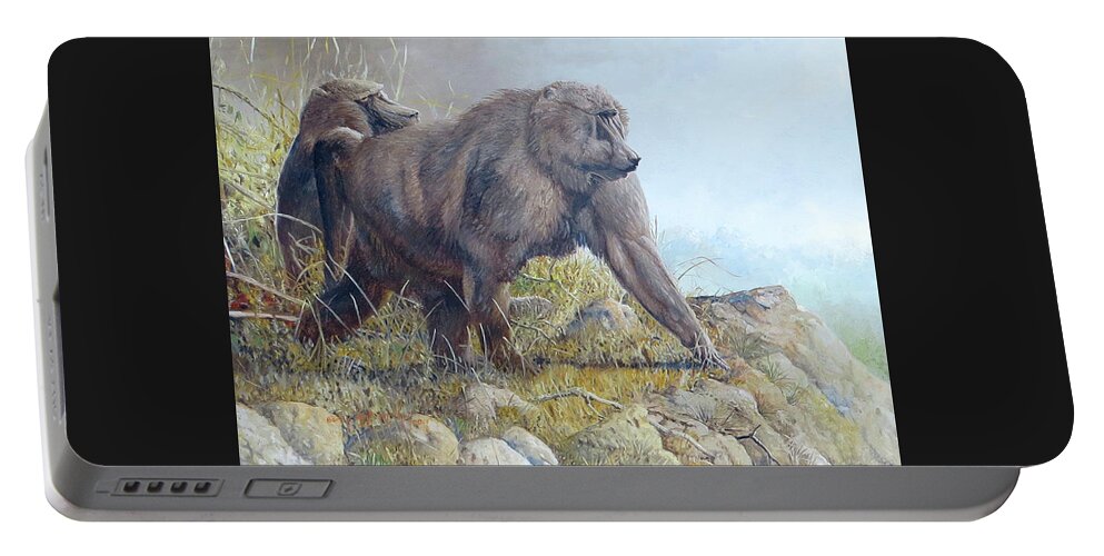 Olive Baboons Portable Battery Charger featuring the painting Olive Baboons by Barry Kent MacKay