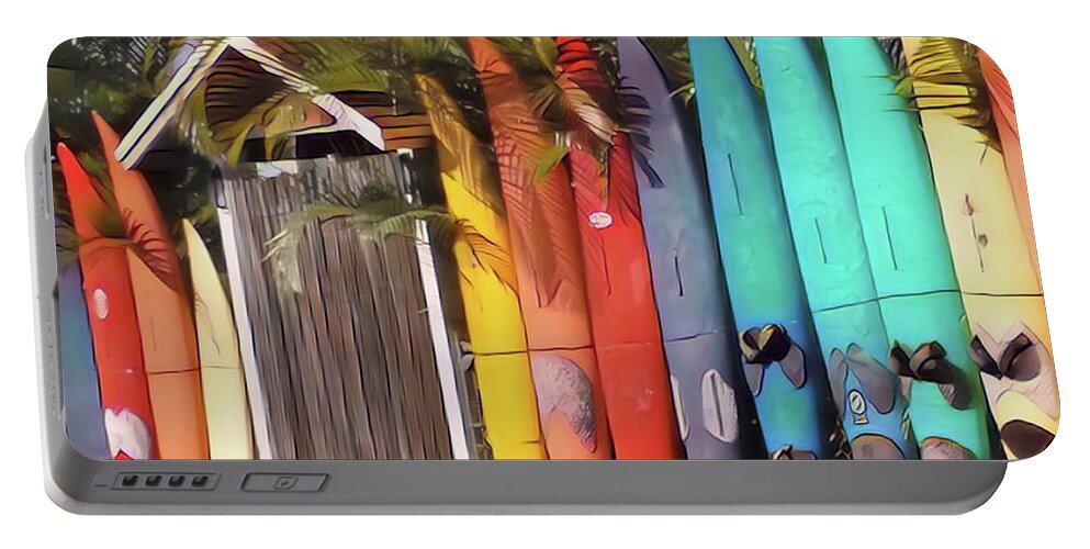 Surfboard Portable Battery Charger featuring the digital art On Hawaiian Highway by Cheryl Wallace