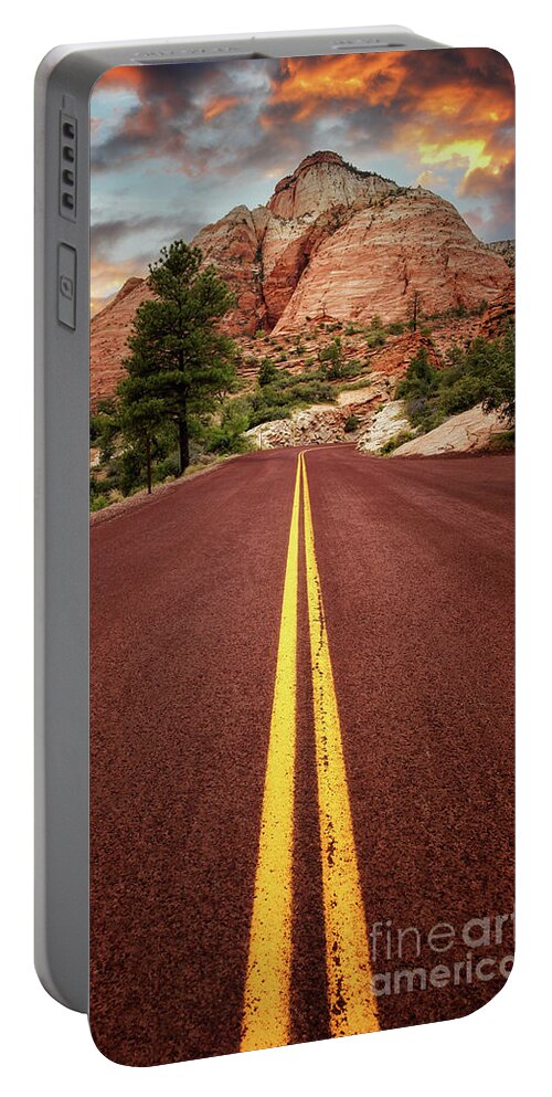 Road Portable Battery Charger featuring the photograph On the road in Zion at sunset, Utah, USA by Jane Rix