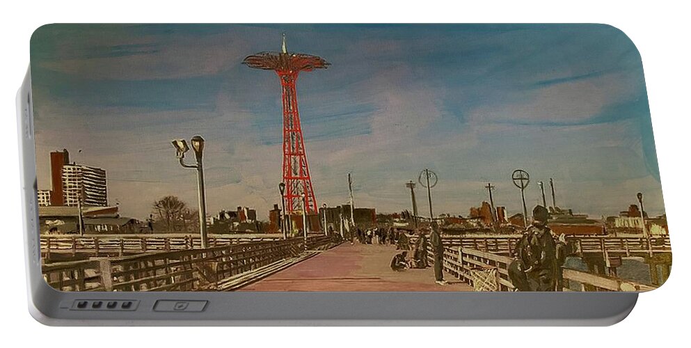 Parachute Jump Portable Battery Charger featuring the painting On the way to the Parachute Jump by Gary Springer