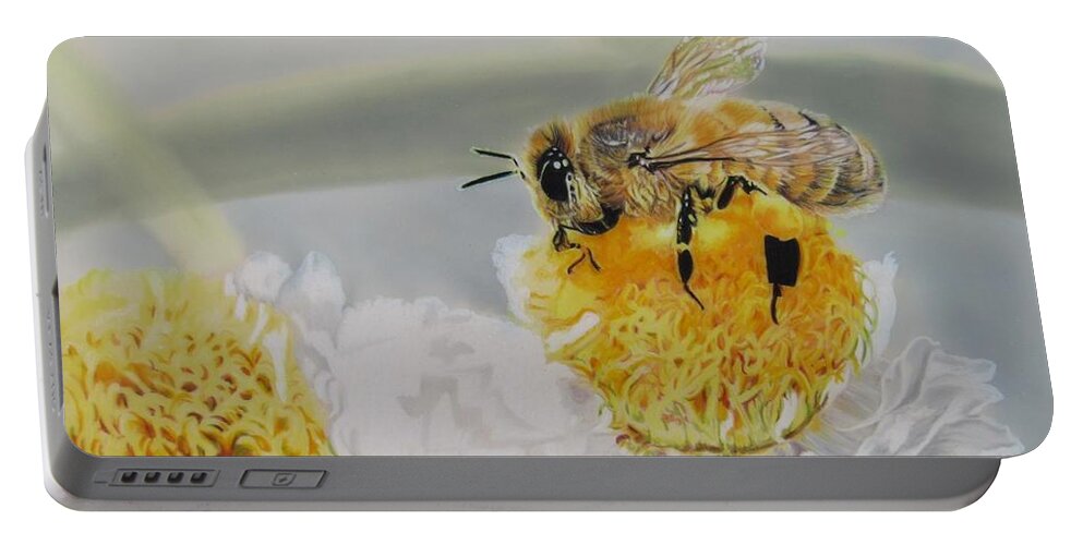 Bee Portable Battery Charger featuring the drawing One Flower at a Time by Kelly Speros