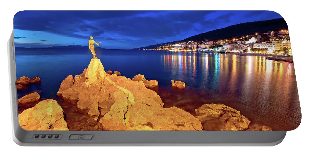 Opatija Portable Battery Charger featuring the photograph Opatija bay statue and waterfront at sunset view by Brch Photography
