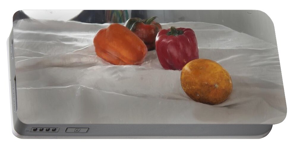 Bell Peppers Portable Battery Charger featuring the digital art Orange and Bell Peppers. by Joe Roache