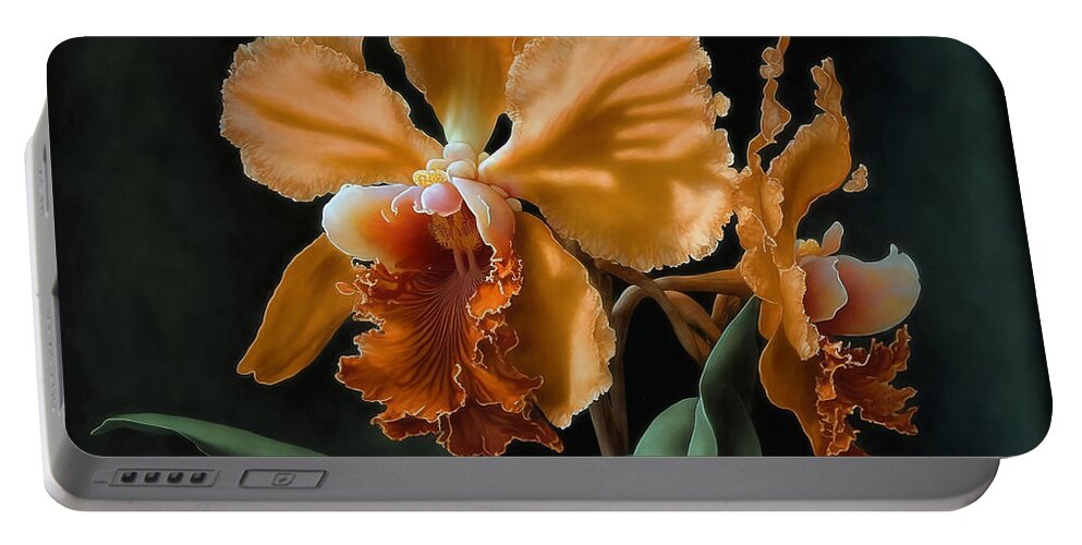 Watercolor Portable Battery Charger featuring the painting Orange Cattleya Orchid by Kai Saarto