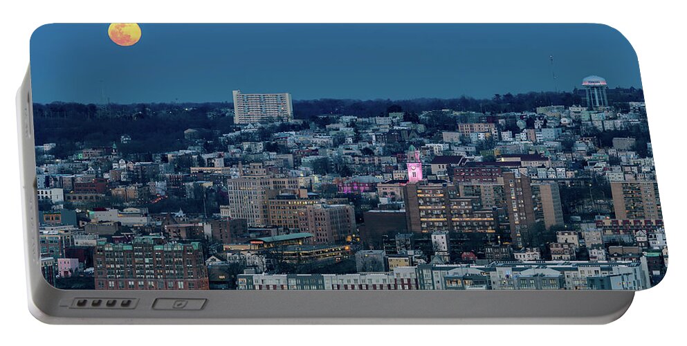 City Hall Portable Battery Charger featuring the photograph Orange Moon Rising over Yonkers by Kevin Suttlehan