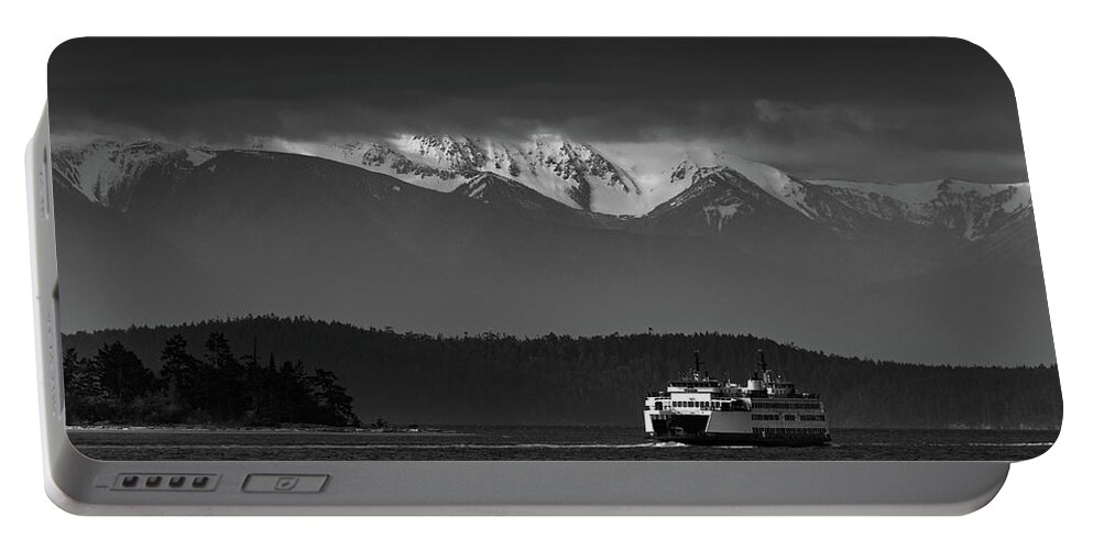 Orcas Island Portable Battery Charger featuring the photograph Orcas Island Ferry and Snow Capped Mountains by Donnie Whitaker