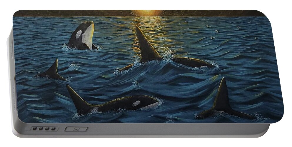 Orcas Portable Battery Charger featuring the painting Orcas Sunset by Jimmy Chuck Smith