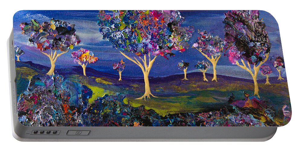 Landscape Collage Trees Orchard Portable Battery Charger featuring the painting Orchard On The Hill 7697B by Priscilla Batzell Expressionist Art Studio Gallery