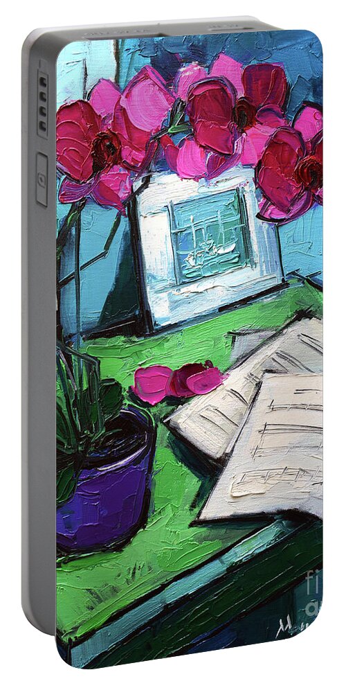 Orchid And Piano Sheets Portable Battery Charger featuring the painting Orchid And Piano Sheets by Mona Edulesco
