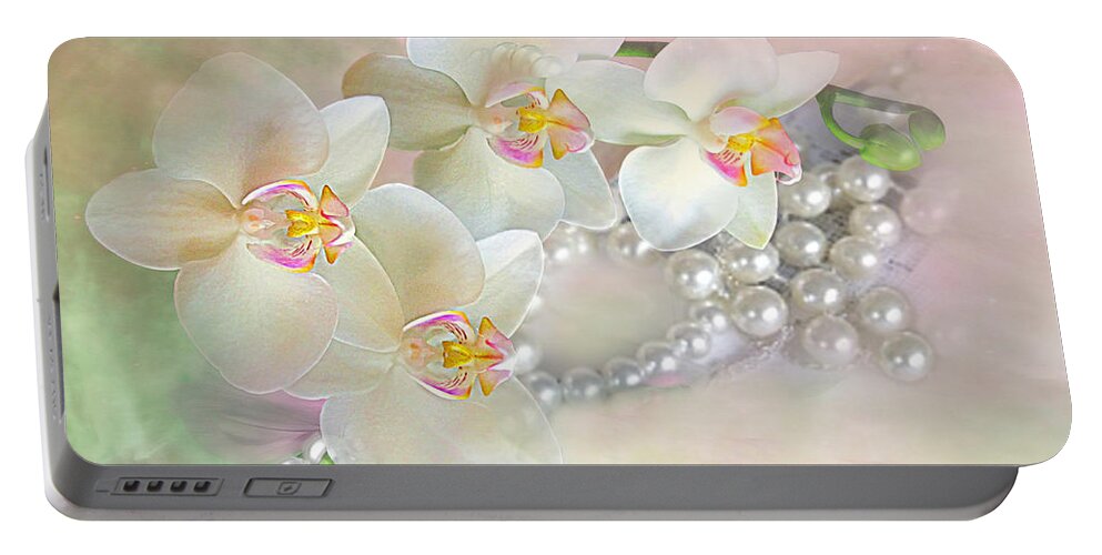 Pearls Portable Battery Charger featuring the mixed media Orchids and Pearls by Morag Bates